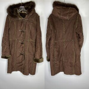 Ruff Hewn Brown Faux Fur Shearling Toggle Hooded Parka Jacket Medium